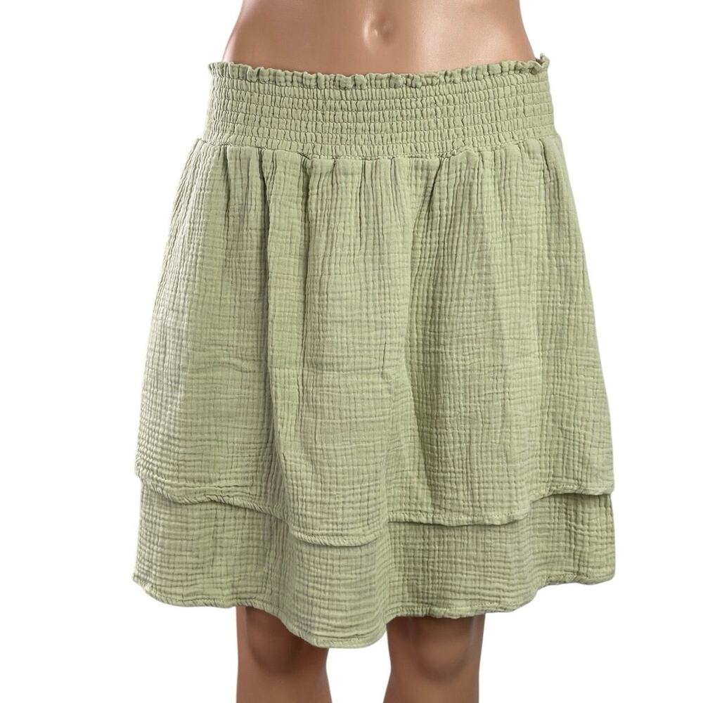 C&C California Green Smocked Boho Tiered Gauze Pleated A Line Mini Skirt Size L